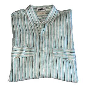 Mr Sid John Rima Vintage Mens Button Down Shirt Long Sleeve Striped Linen Green